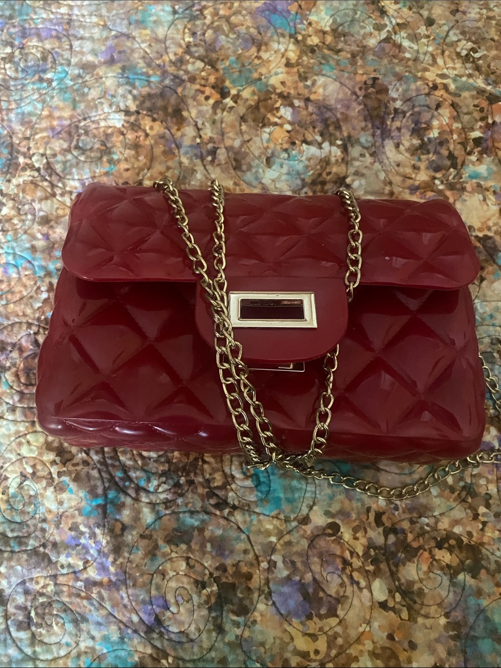 Glossy patent Red Crossbody Bag with Gold Chain with matching change purse